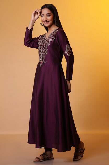 Purple Anarkali Dori Embroidered Kurta, Tights and Dupatta Set