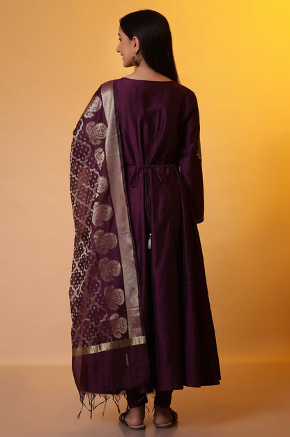 Purple Anarkali Dori Embroidered Kurta, Tights and Dupatta Set