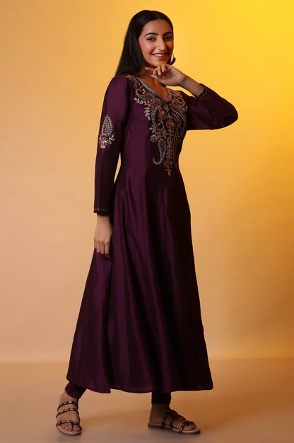 Purple Anarkali Dori Embroidered Kurta, Tights and Dupatta Set