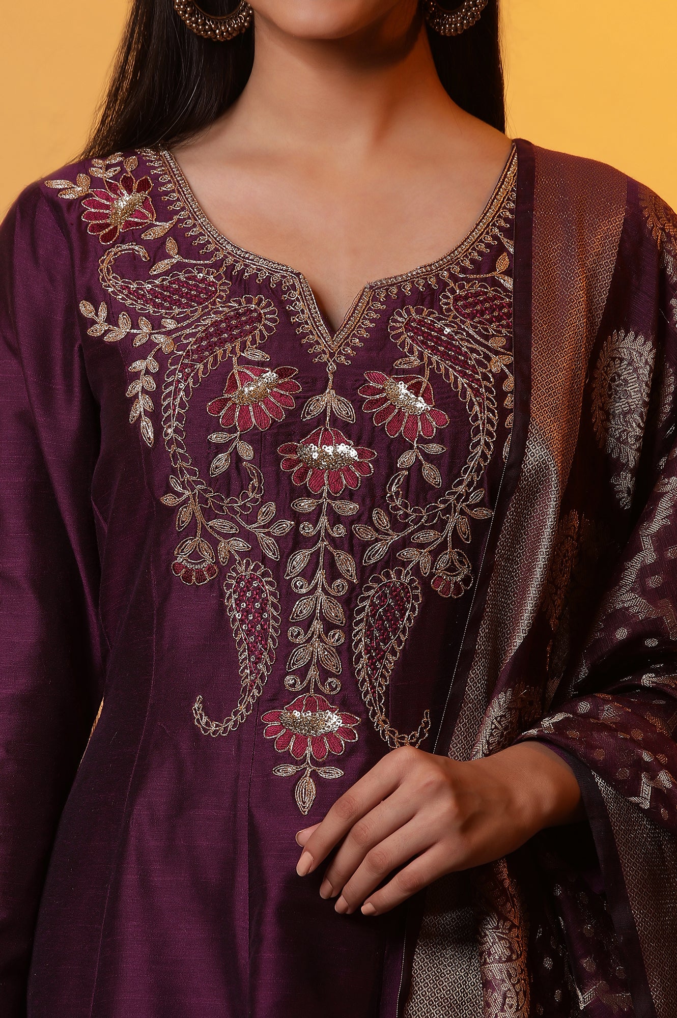 Purple Anarkali Dori Embroidered Kurta, Tights and Dupatta Set