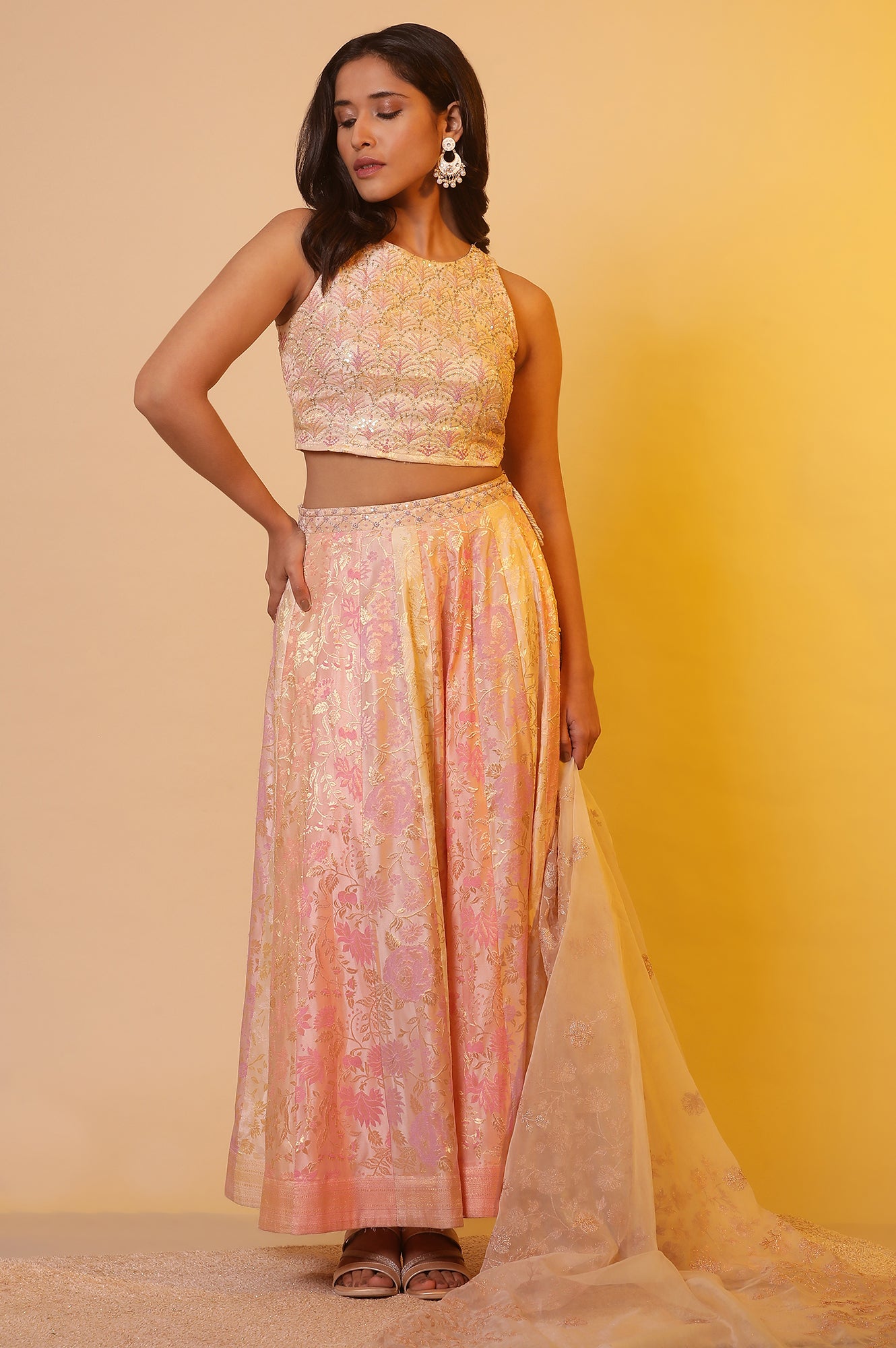 Pink Embroidered Crop Top, Skirt and Dupatta Set