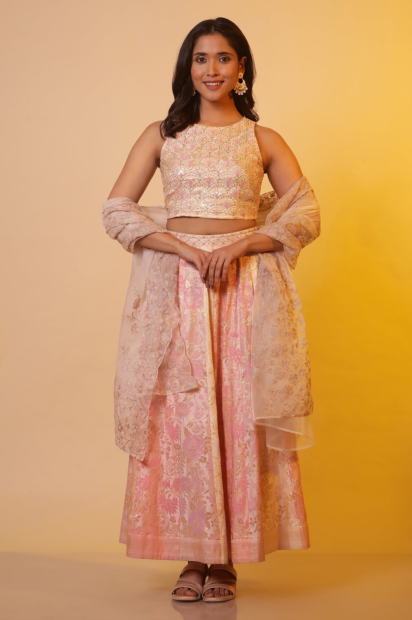 Pink Embroidered Crop Top, Skirt and Dupatta Set