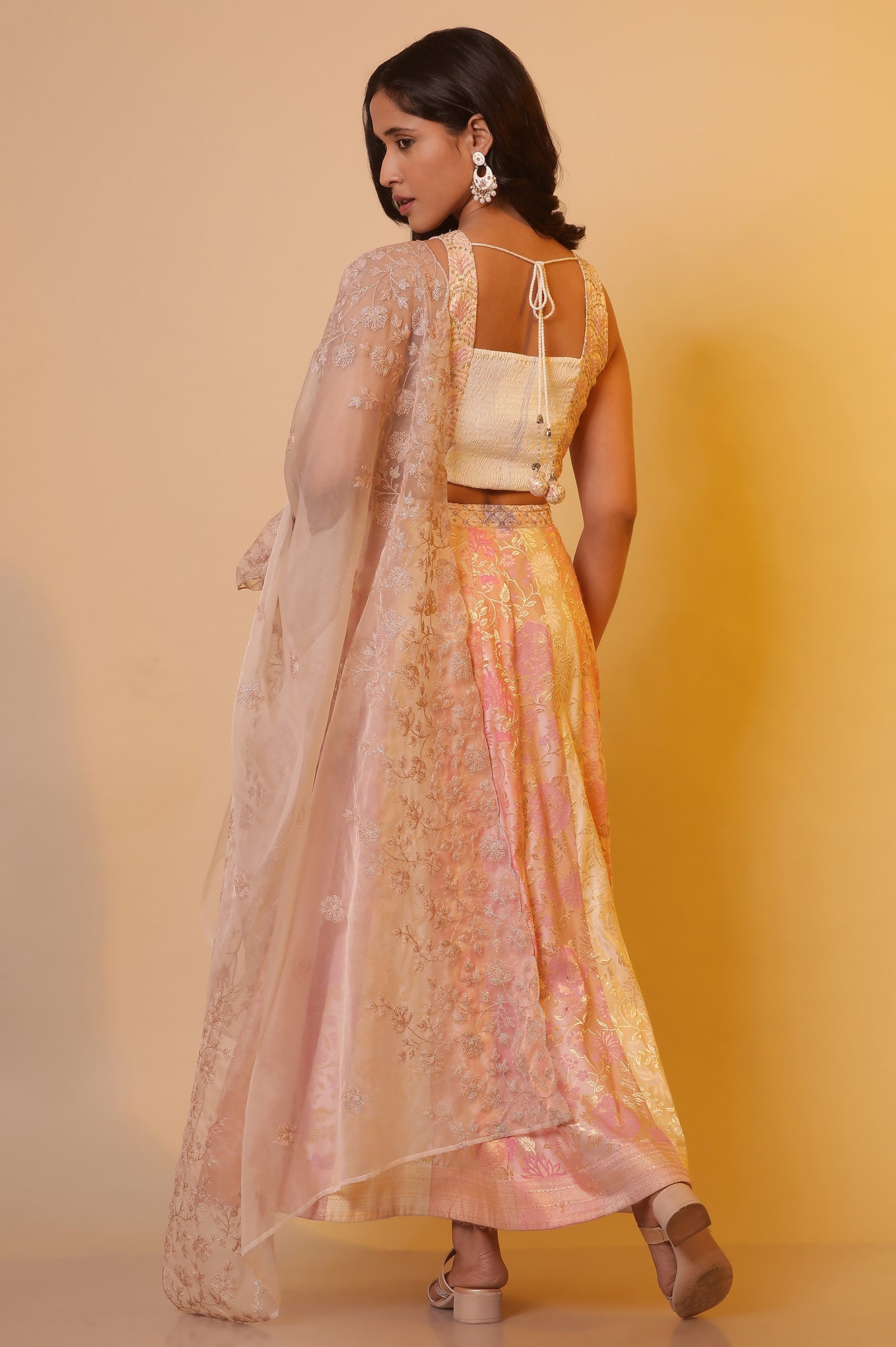 Pink Embroidered Crop Top, Skirt and Dupatta Set