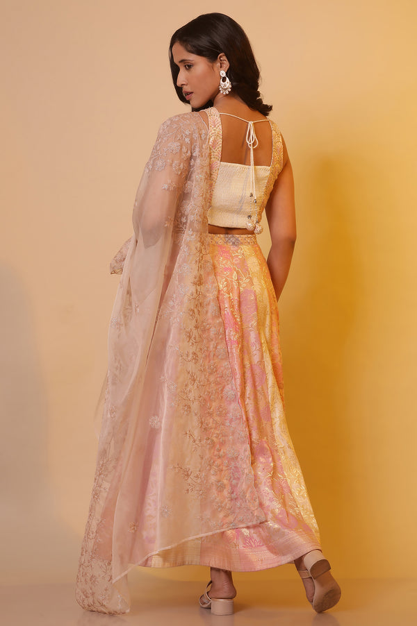 Pink Embroidered Crop Top, Skirt and Dupatta Set