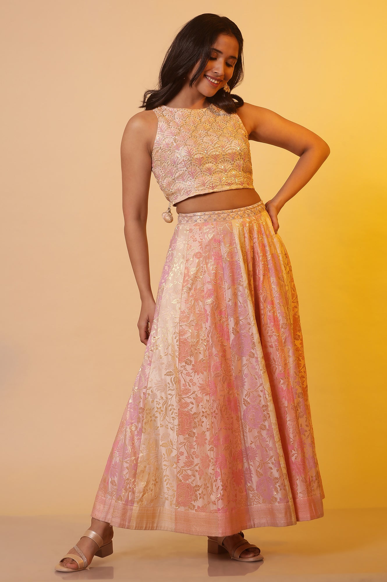 Pink Embroidered Crop Top, Skirt and Dupatta Set