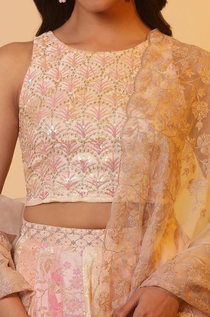 Pink Embroidered Crop Top, Skirt and Dupatta Set