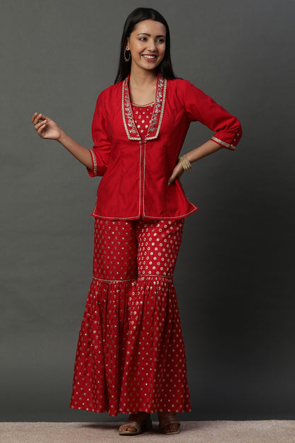 Red Embroidered Jacket, Crop-Top and Sharara Set