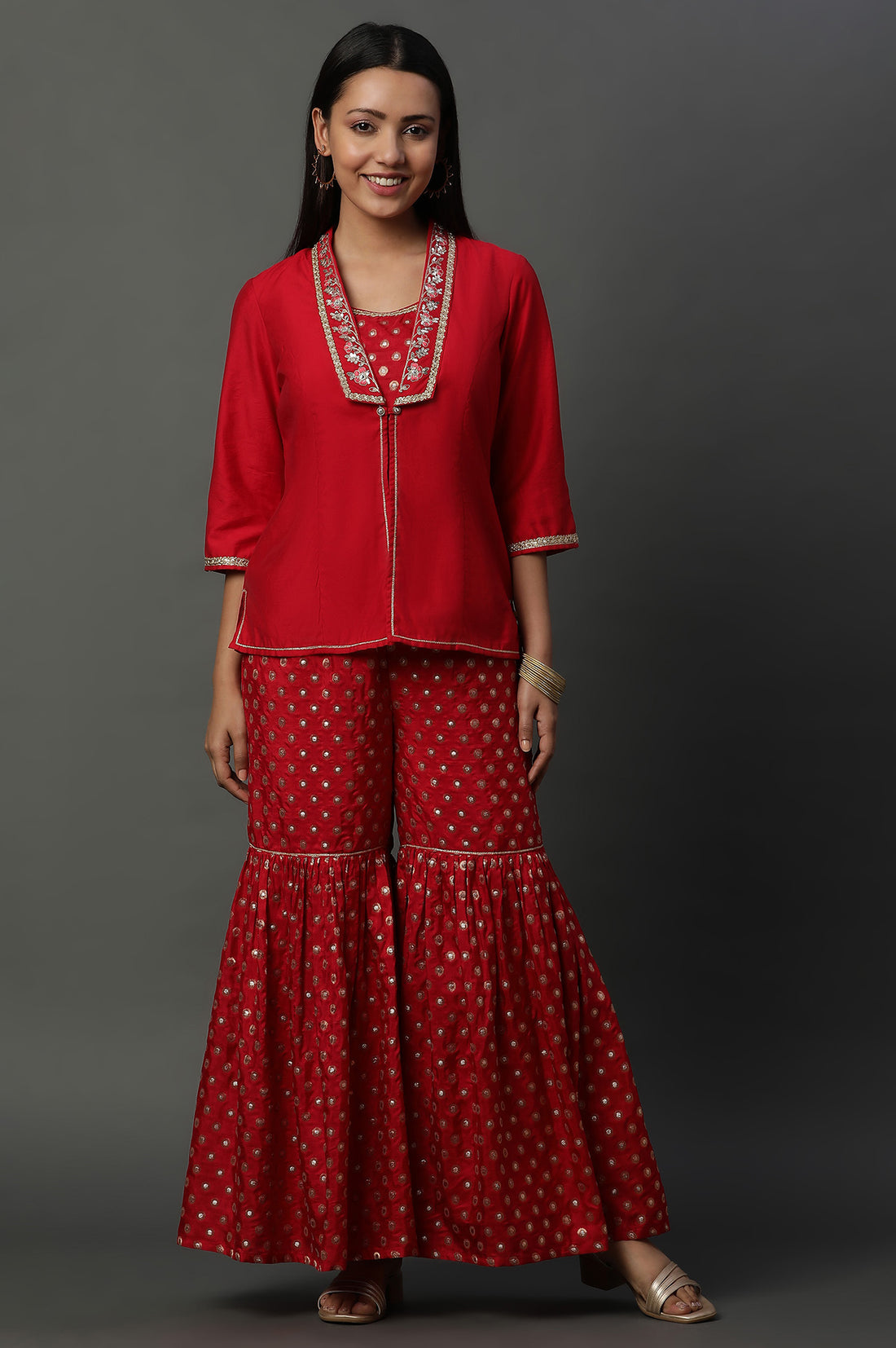 Red Embroidered Jacket, Crop-Top and Sharara Set