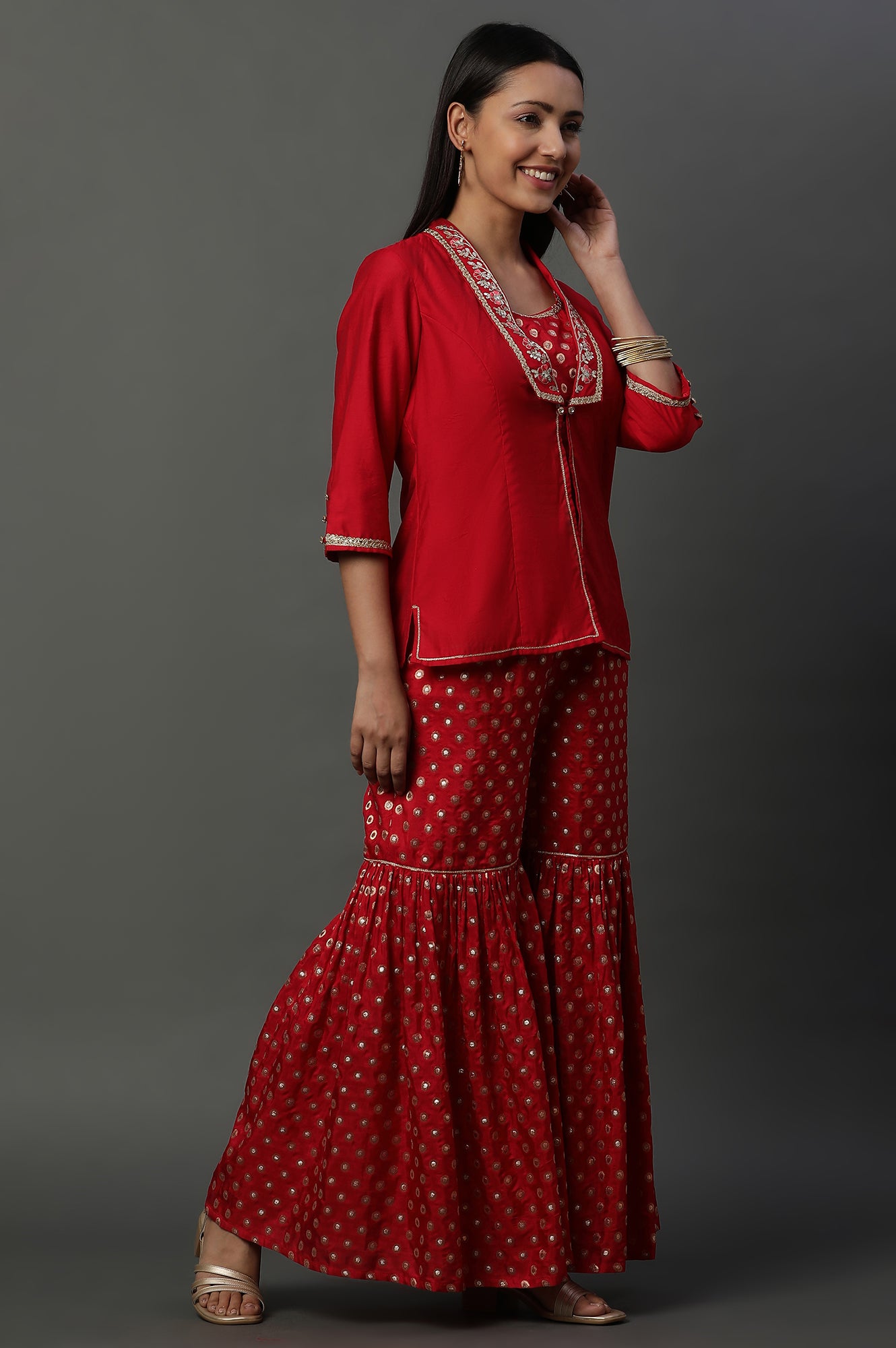 Red Embroidered Jacket, Crop-Top and Sharara Set