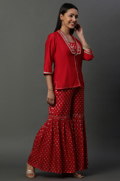 Red Embroidered Jacket, Crop-Top and Sharara Set