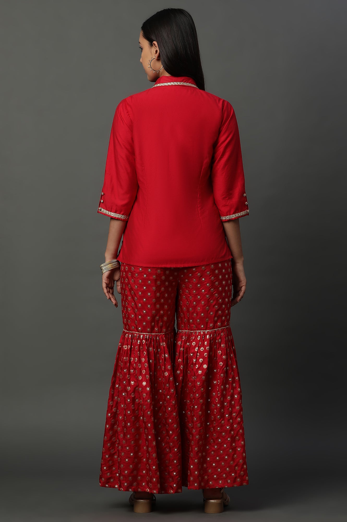 Red Embroidered Jacket, Crop-Top and Sharara Set