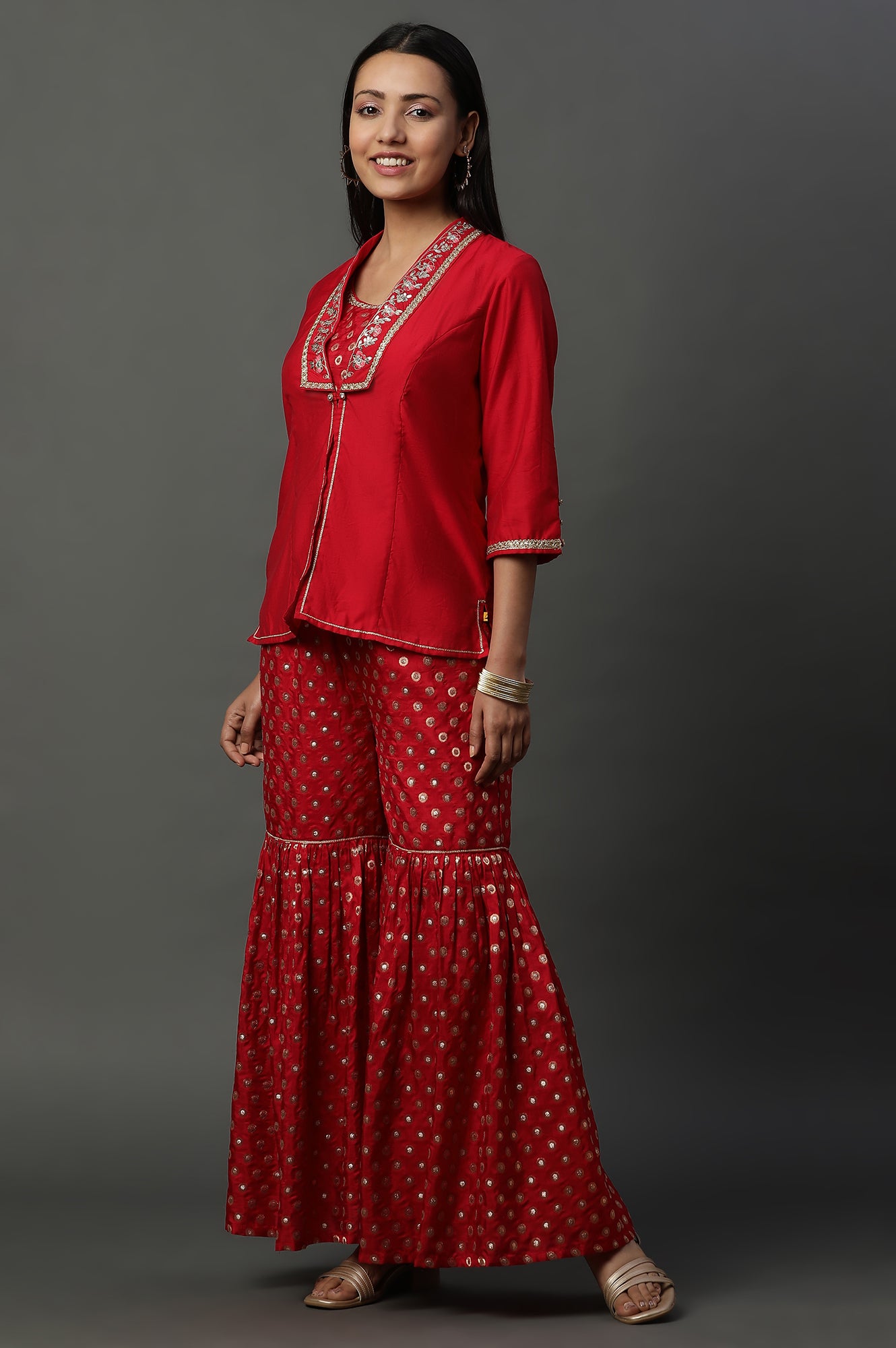 Red Embroidered Jacket, Crop-Top and Sharara Set