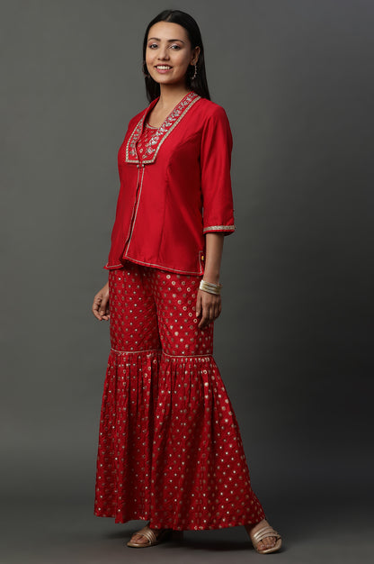 Red Embroidered Jacket, Crop-Top and Sharara Set