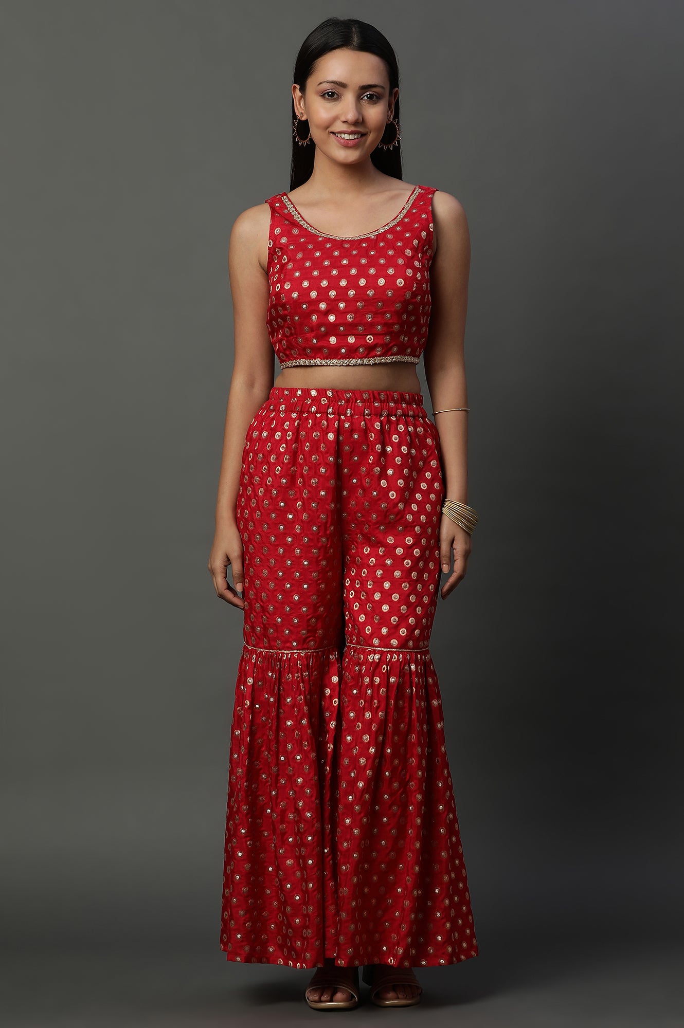 Red Embroidered Jacket, Crop-Top and Sharara Set