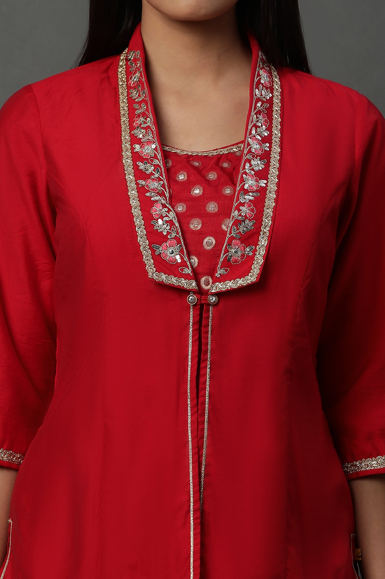 Red Embroidered Jacket, Crop-Top and Sharara Set