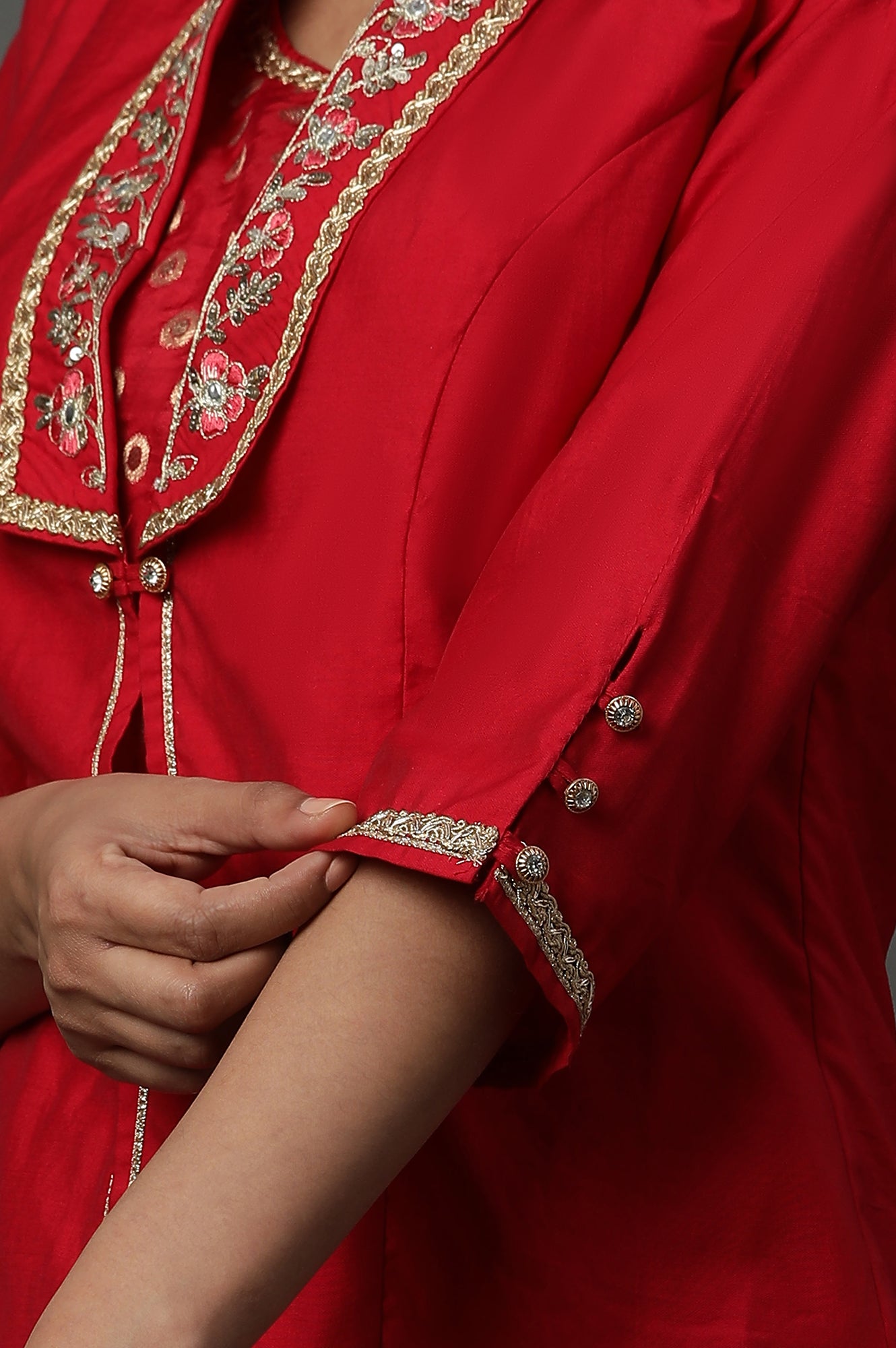 Red Embroidered Jacket, Crop-Top and Sharara Set