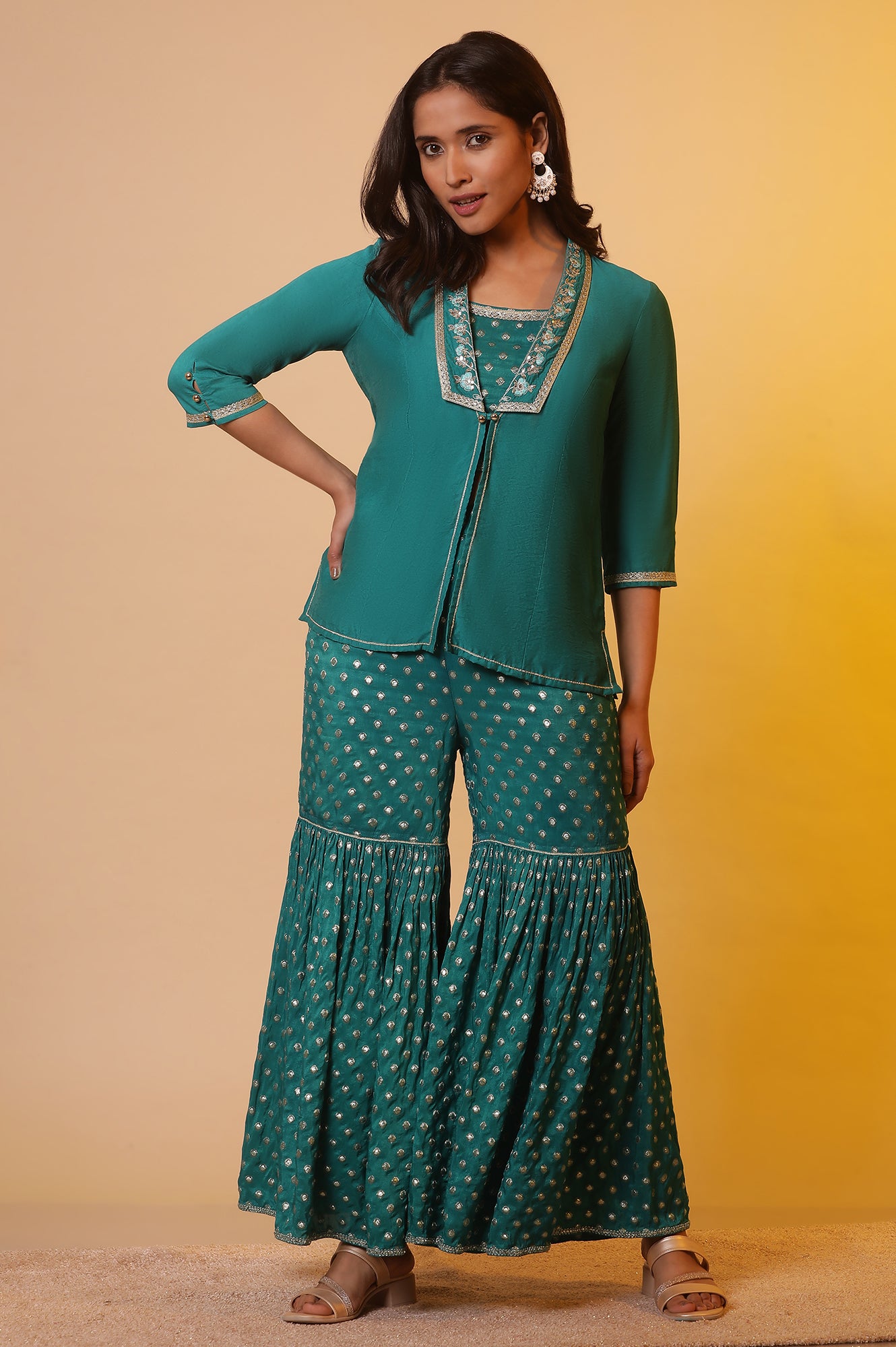 Blue Embroidered Jacket, Crop-Top and Sharara Set