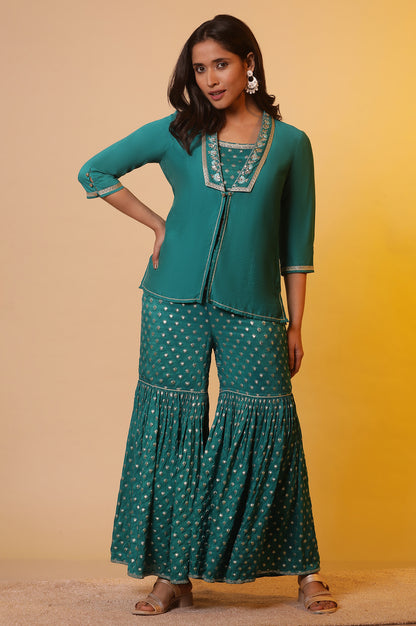 Blue Embroidered Jacket, Crop-Top and Sharara Set