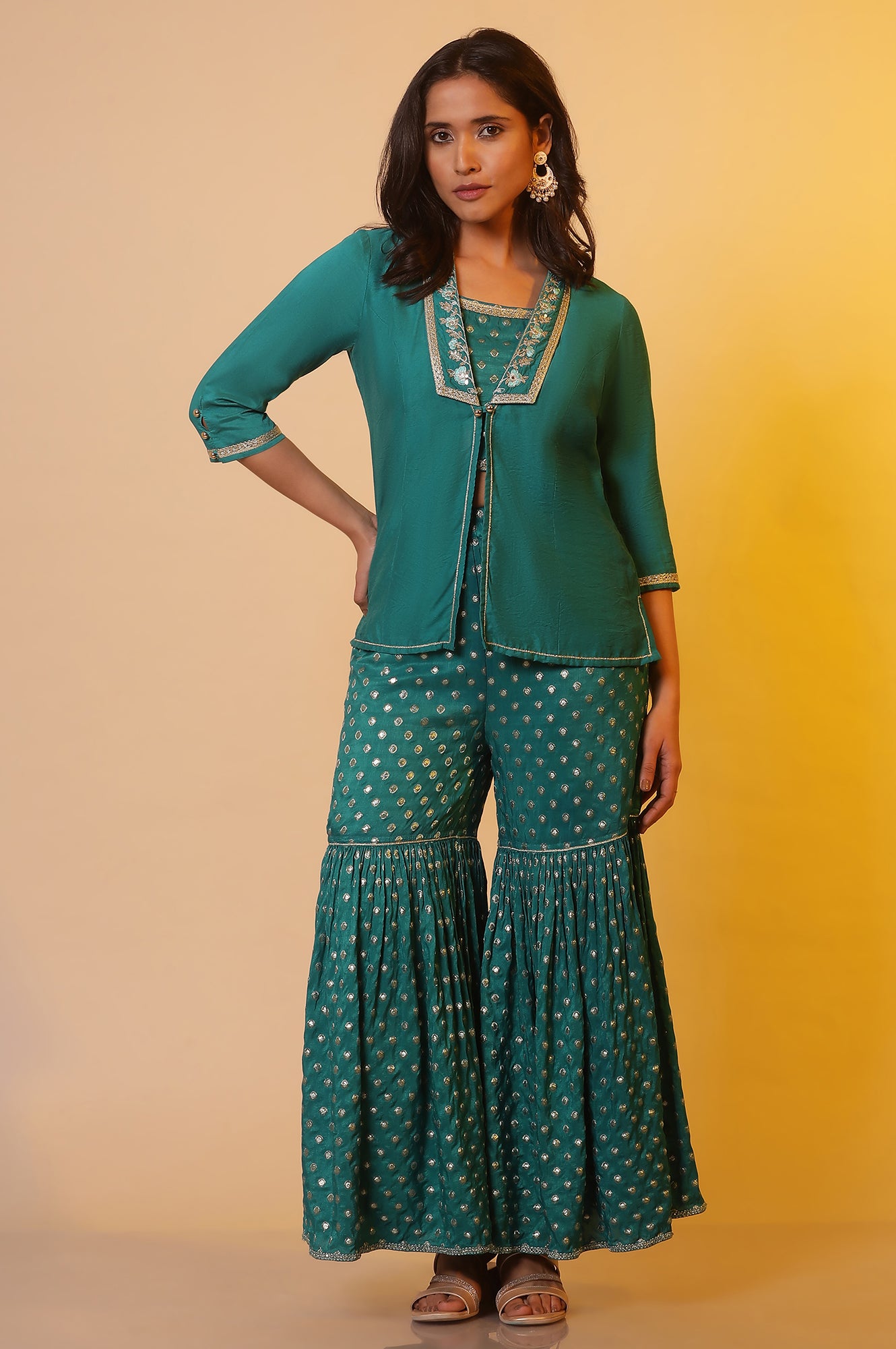 Blue Embroidered Jacket, Crop-Top and Sharara Set