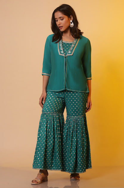 Blue Embroidered Jacket, Crop-Top and Sharara Set