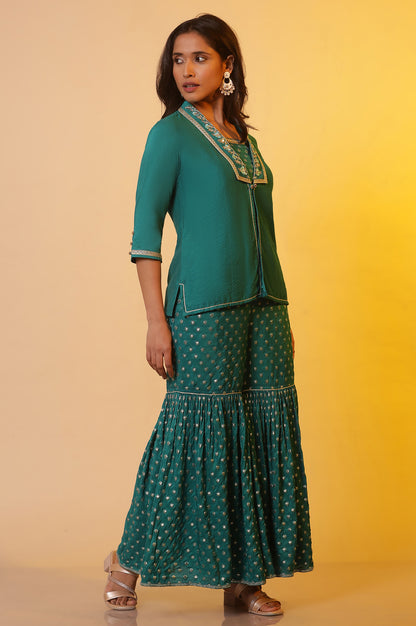 Blue Embroidered Jacket, Crop-Top and Sharara Set