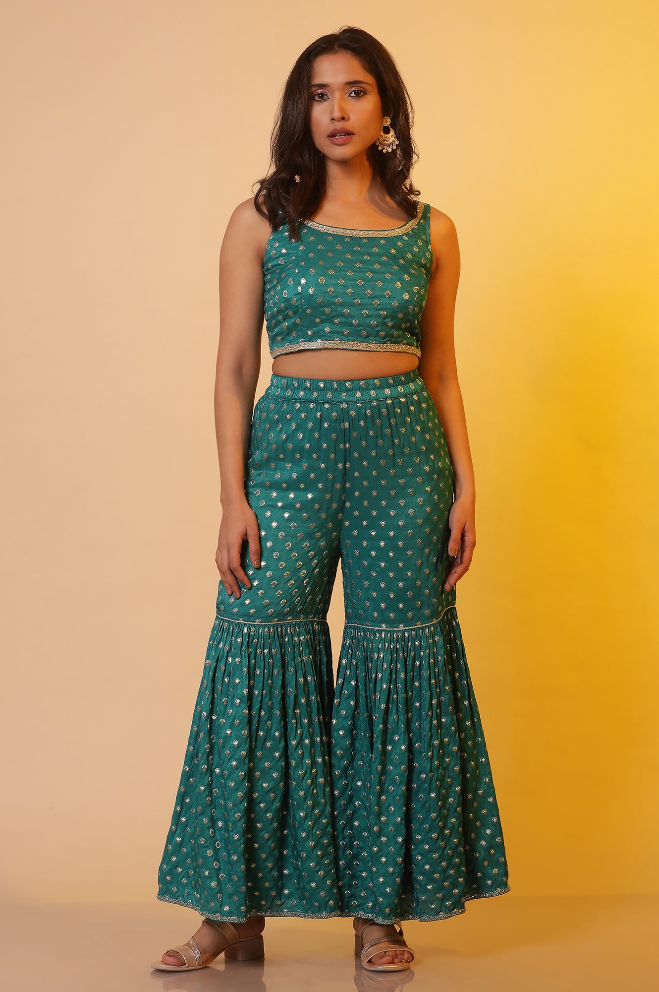 Blue Embroidered Jacket, Crop-Top and Sharara Set