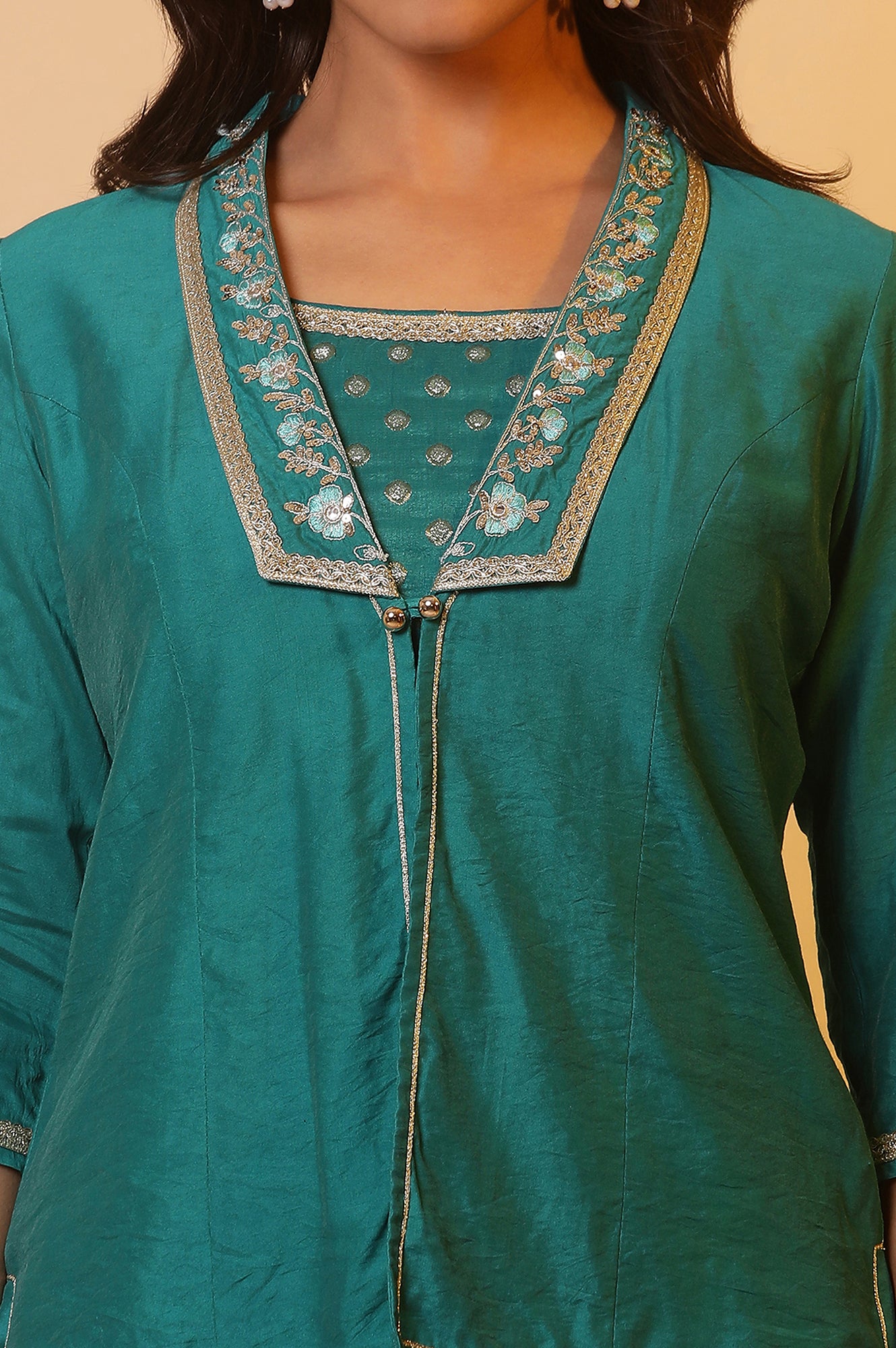 Blue Embroidered Jacket, Crop-Top and Sharara Set