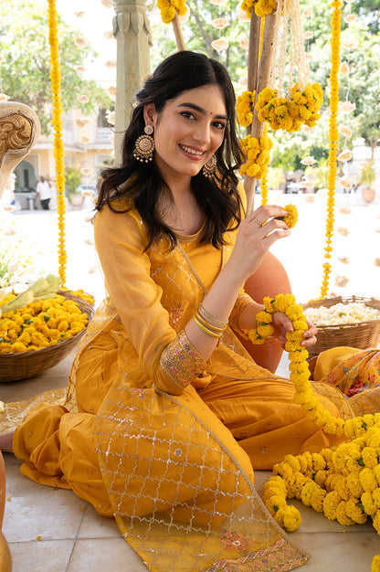 Yellow Embroidered Gilet, Crop-Top and Palazzo Set