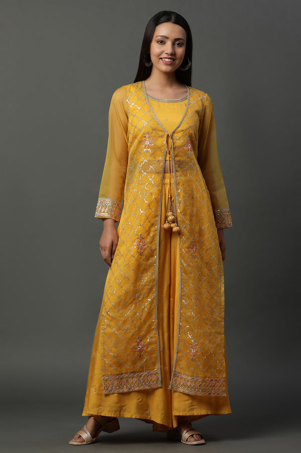 Yellow Embroidered Gilet, Crop-Top and Palazzo Set