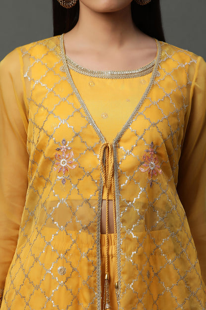 Yellow Embroidered Gilet, Crop-Top and Palazzo Set