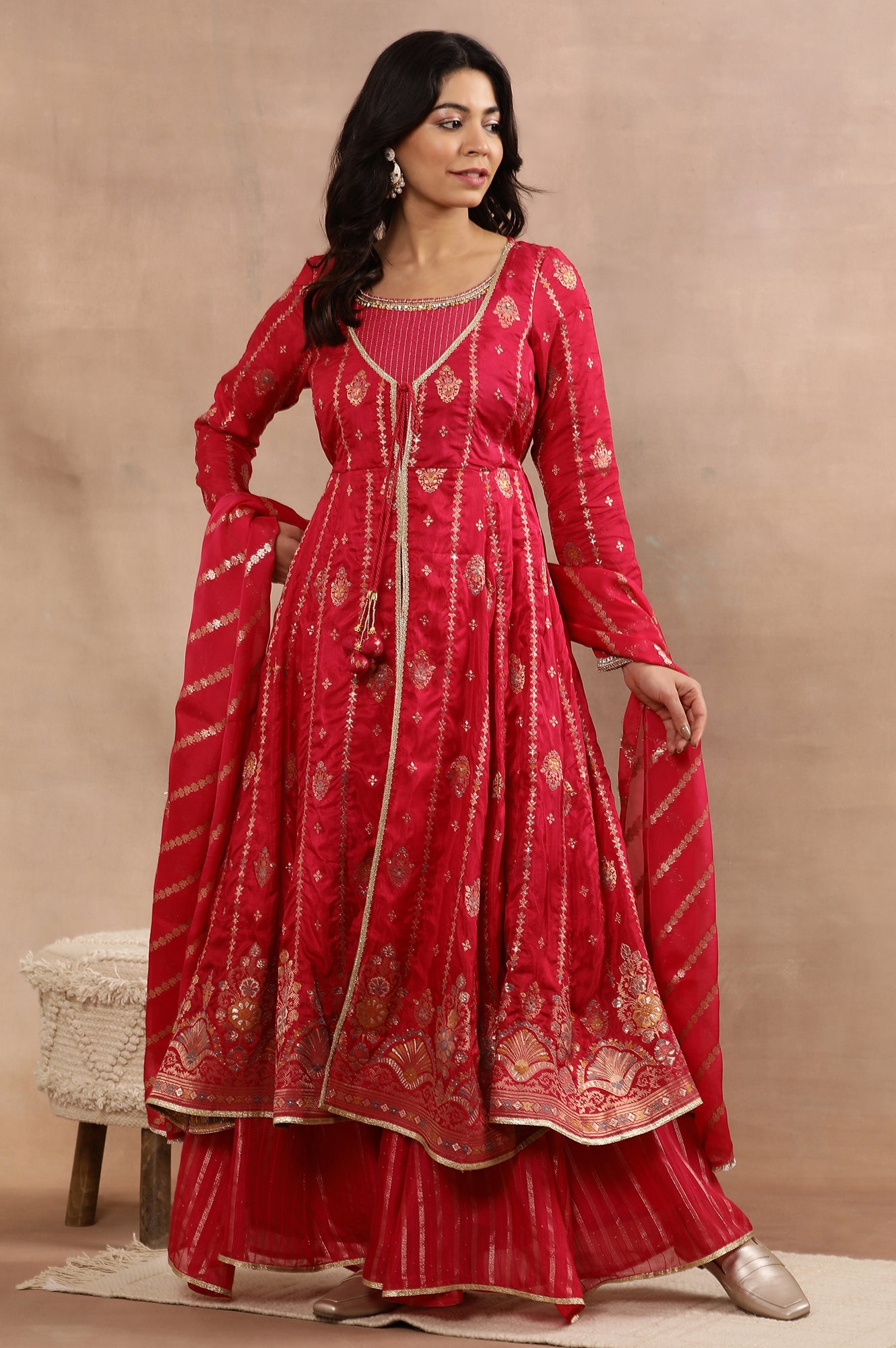 Pink Flared Jacqaurd Kurta, Sharara and Dupatta Set