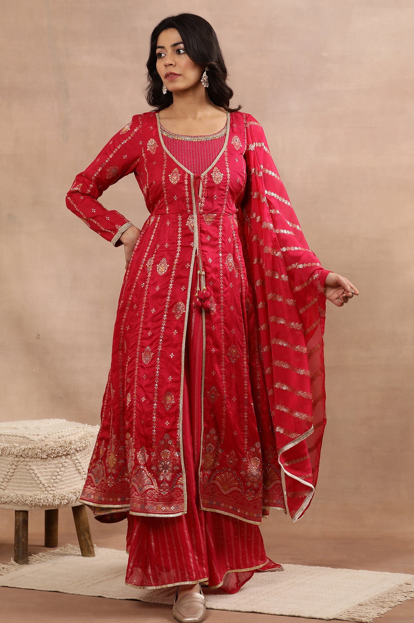 Pink Flared Jacqaurd Kurta, Sharara and Dupatta Set