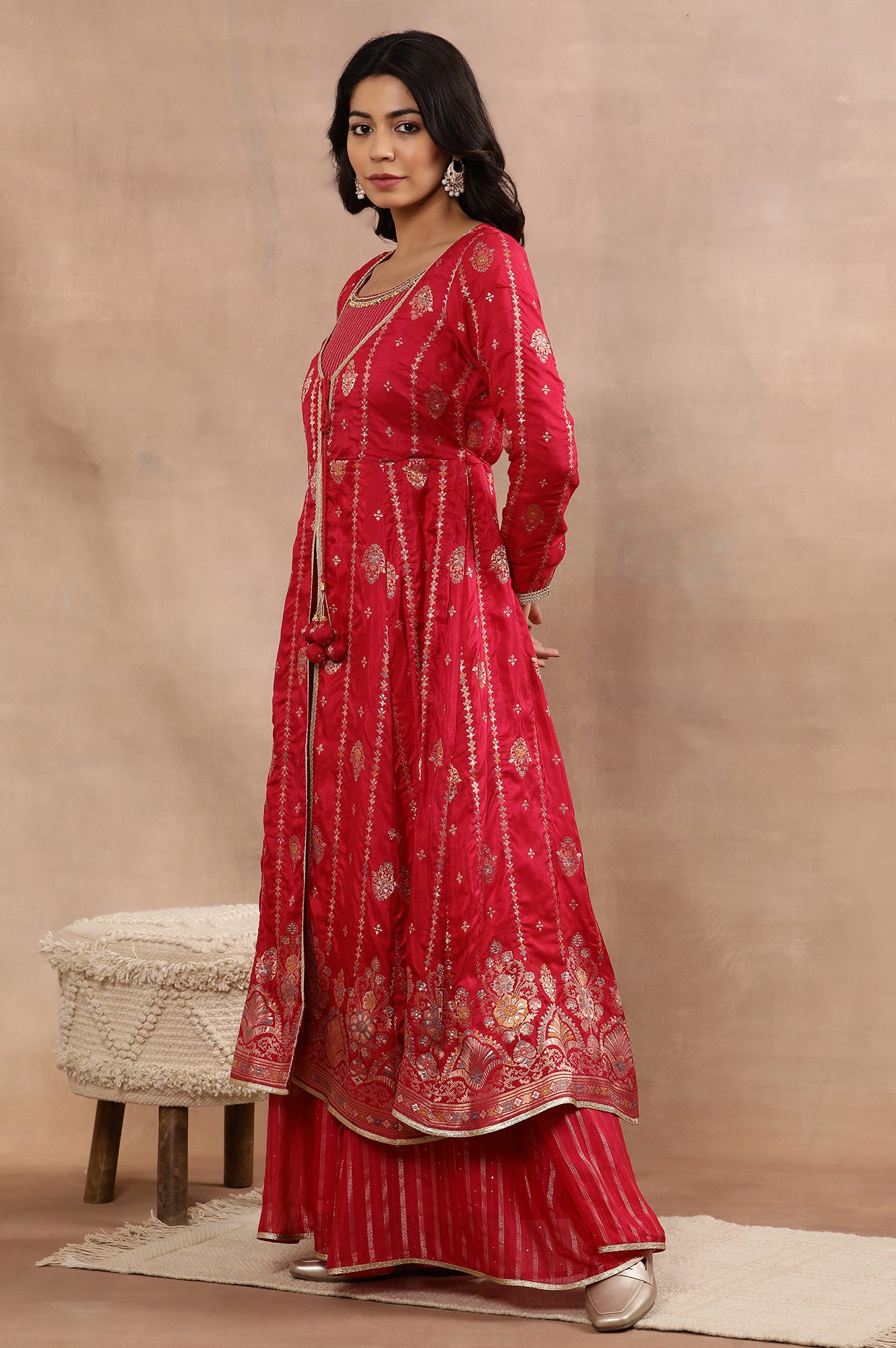 Pink Flared Jacqaurd Kurta, Sharara and Dupatta Set