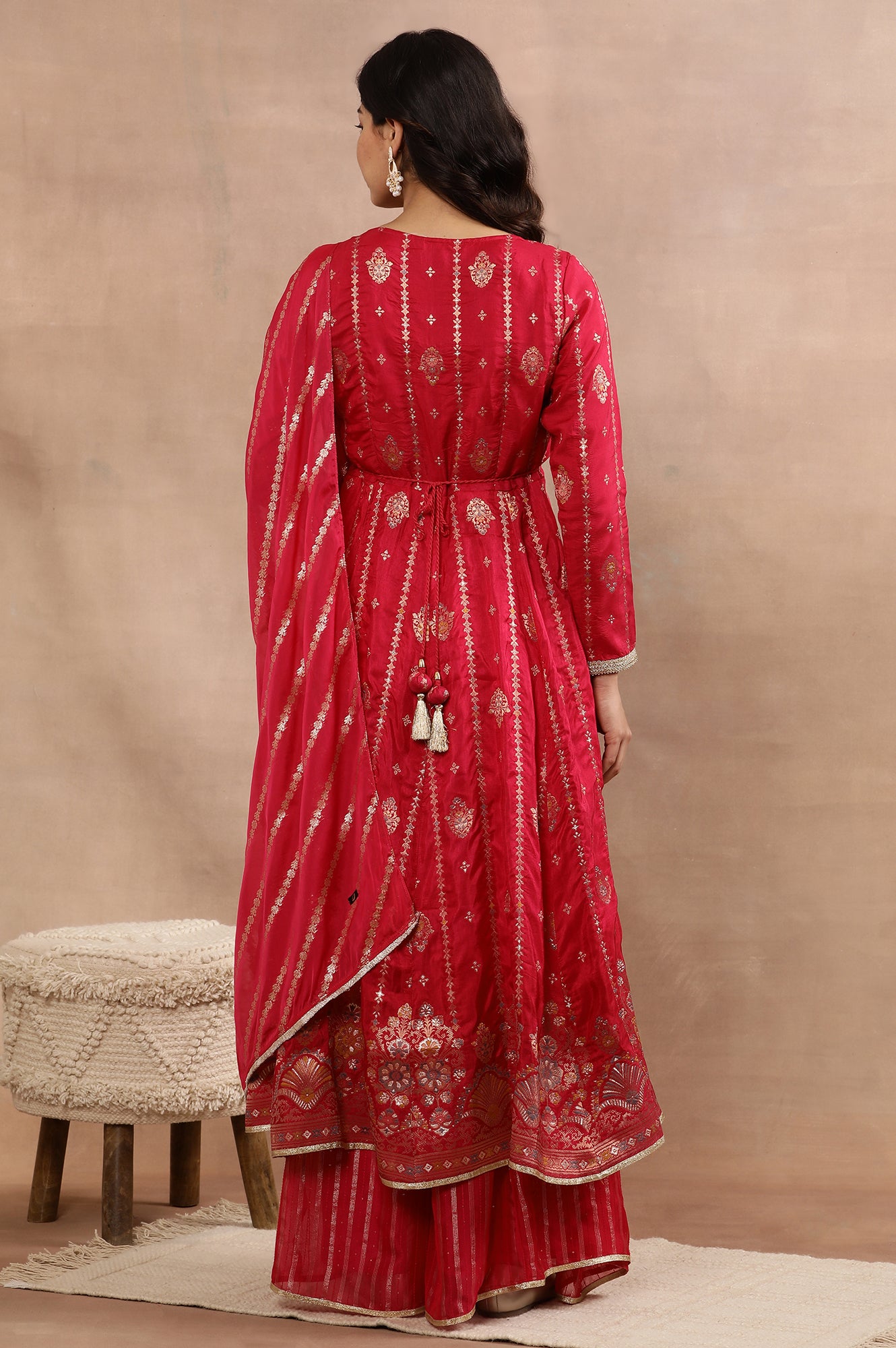 Pink Flared Jacqaurd Kurta, Sharara and Dupatta Set