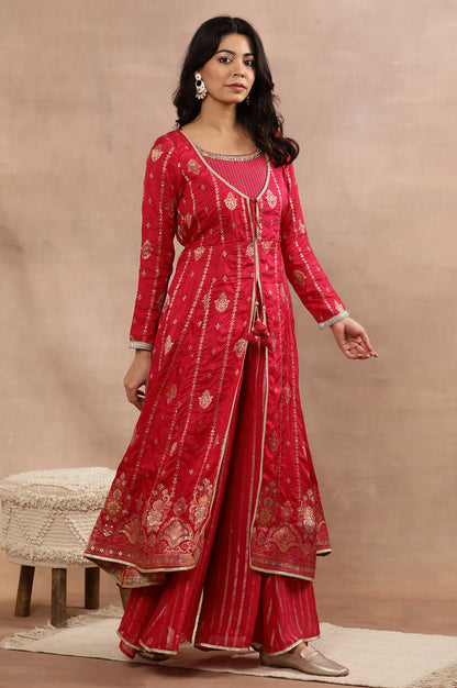 Pink Flared Jacqaurd Kurta, Sharara and Dupatta Set