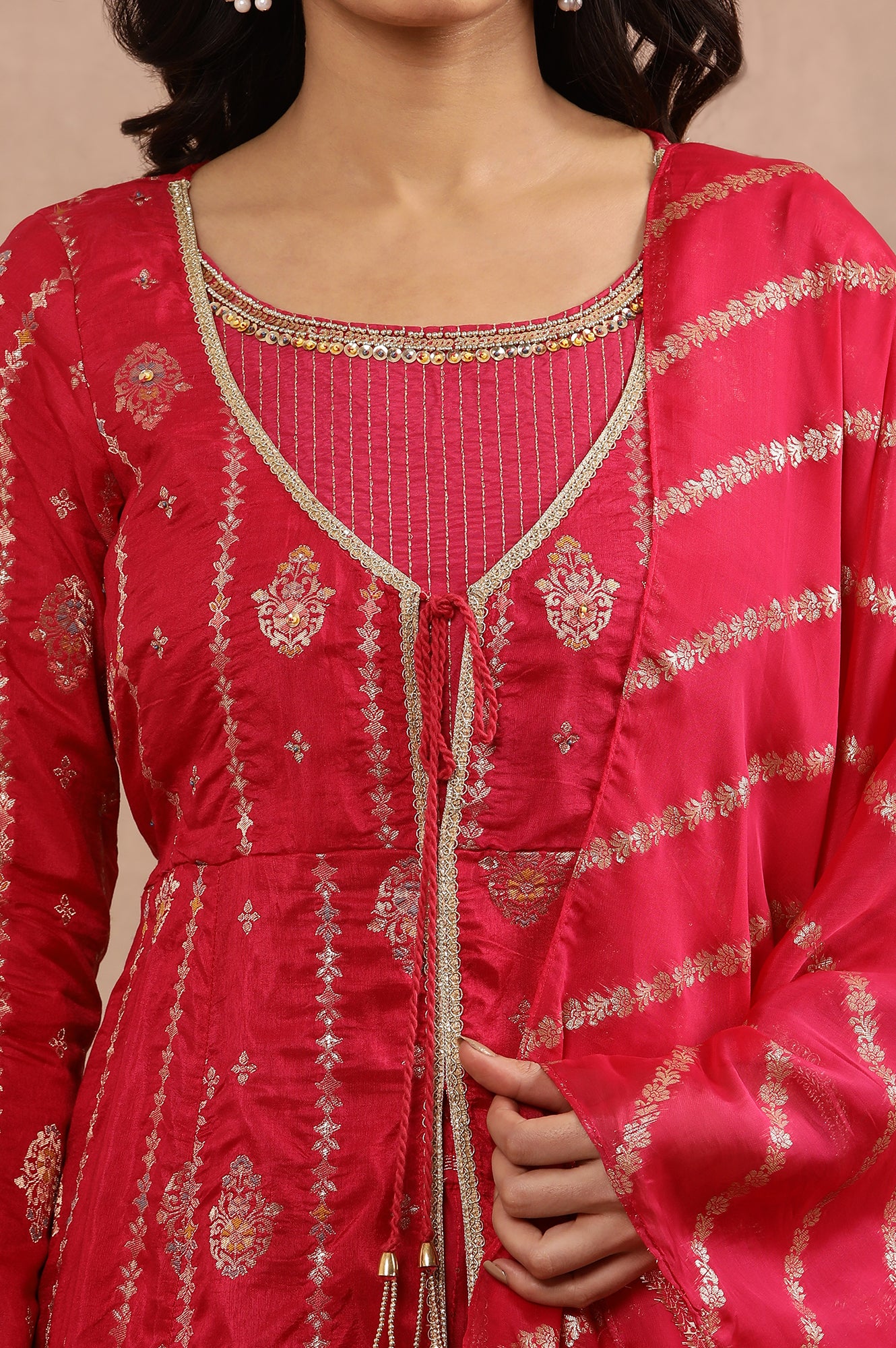 Pink Flared Jacqaurd Kurta, Sharara and Dupatta Set