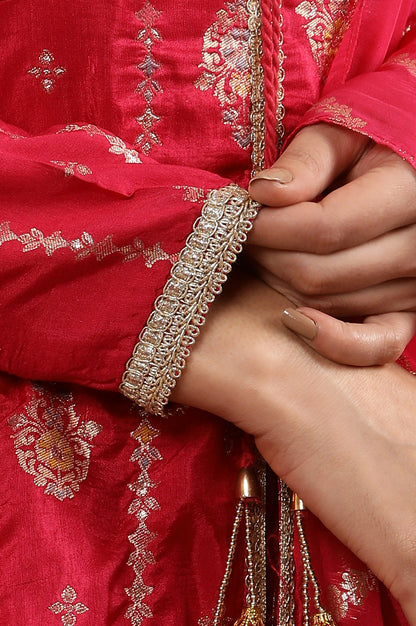 Pink Flared Jacqaurd Kurta, Sharara and Dupatta Set