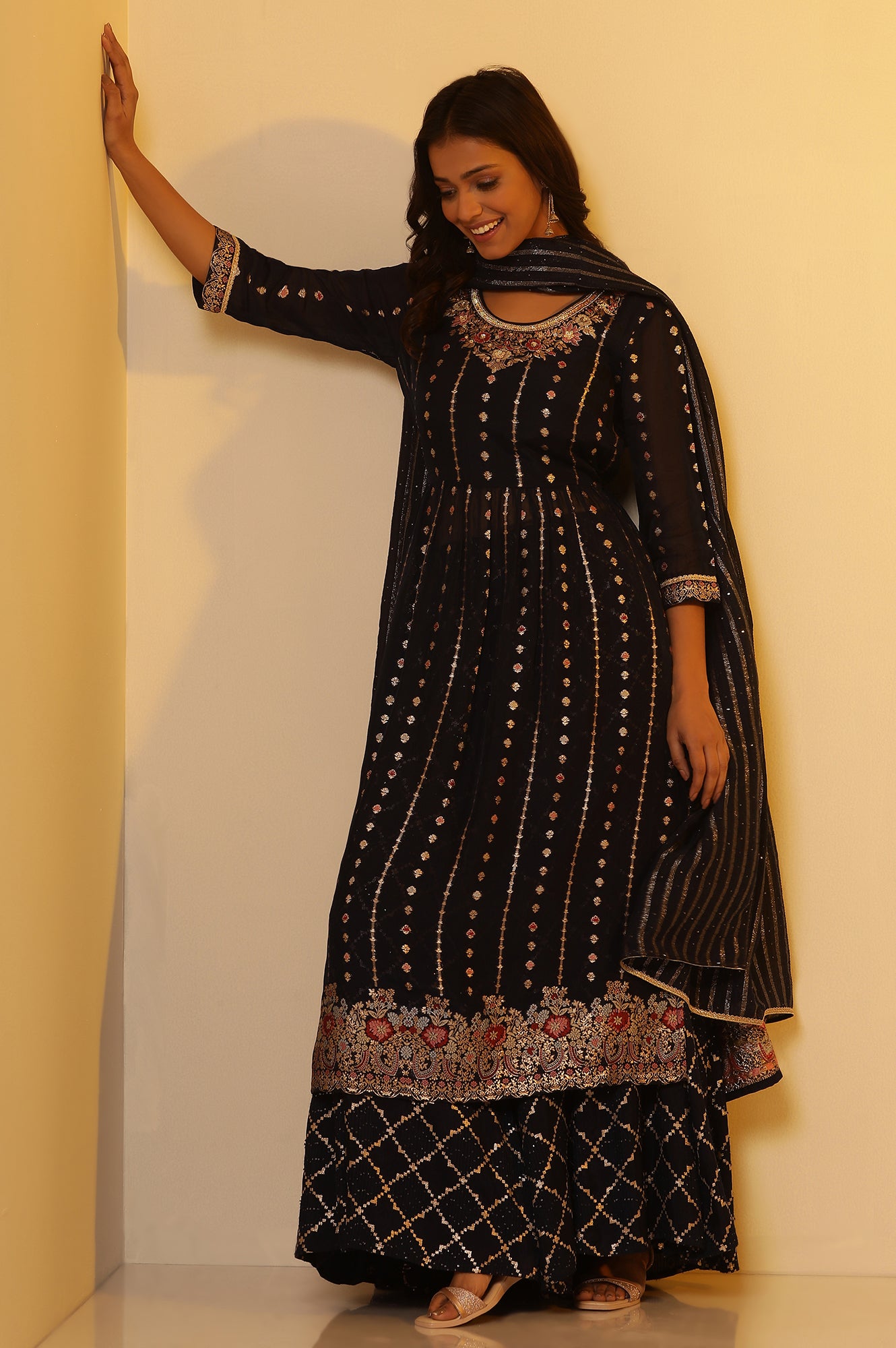 Navy Blue Embellished Kurta, Flared Palazzo and Dupatta Set