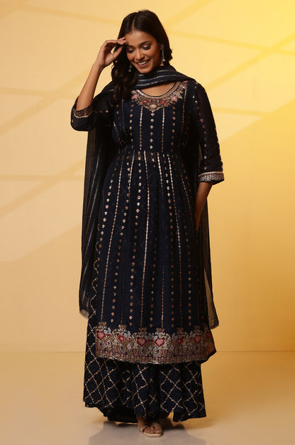 Navy Blue Embellished Kurta, Flared Palazzo and Dupatta Set