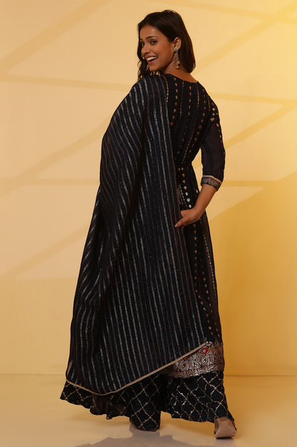 Navy Blue Embellished Kurta, Flared Palazzo and Dupatta Set