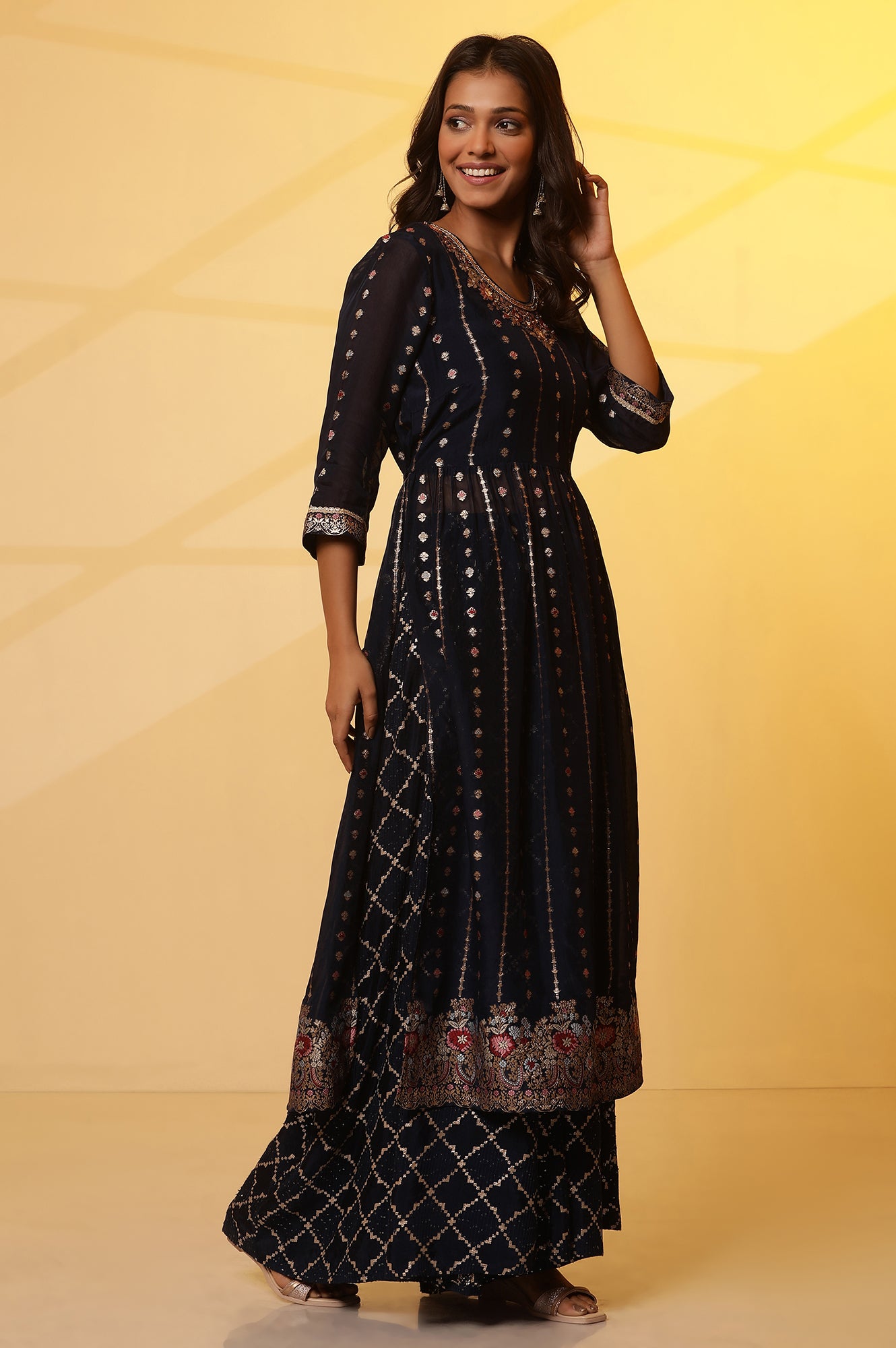 Navy Blue Embellished Kurta, Flared Palazzo and Dupatta Set