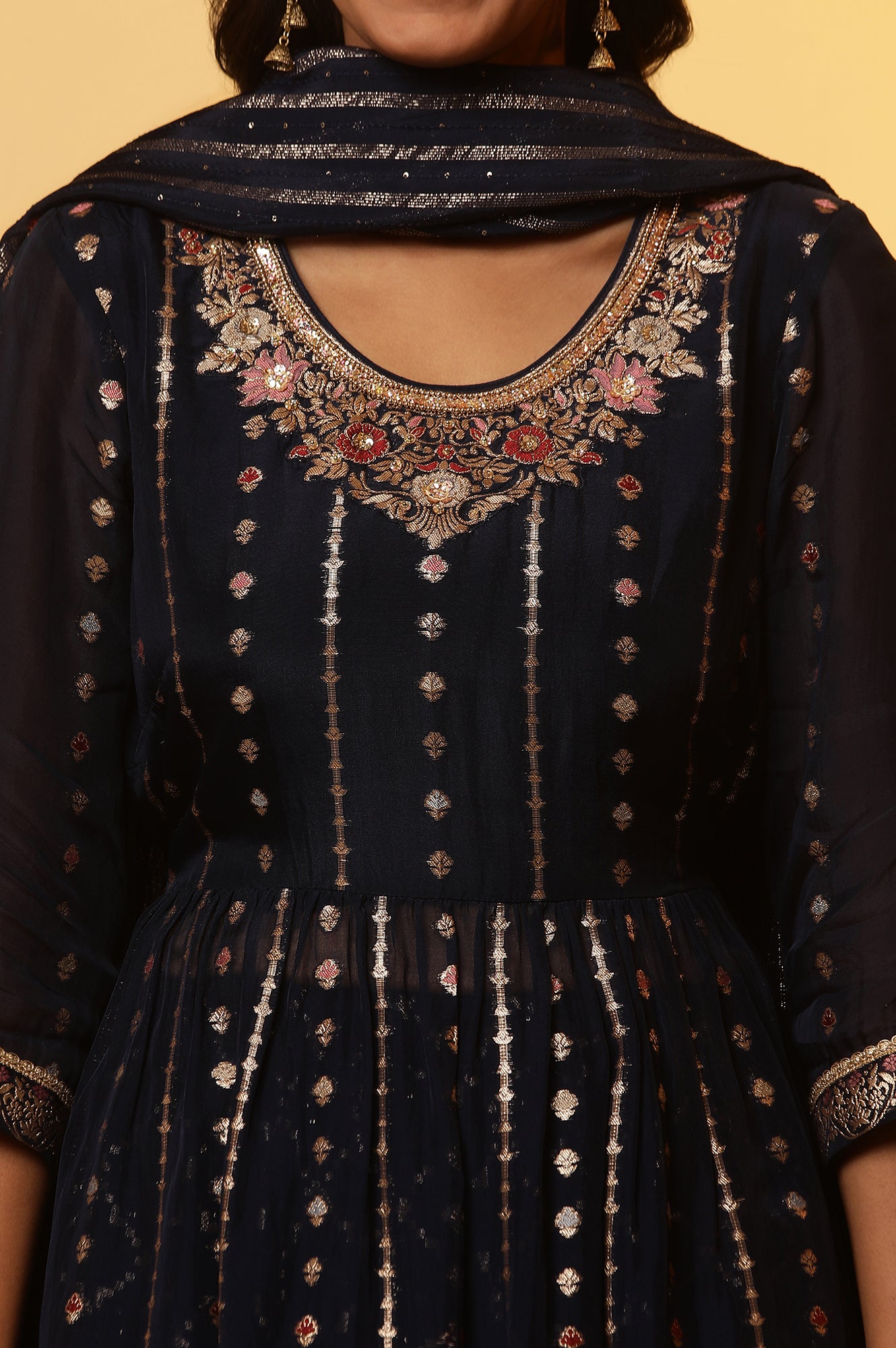 Navy Blue Embellished Kurta, Flared Palazzo and Dupatta Set