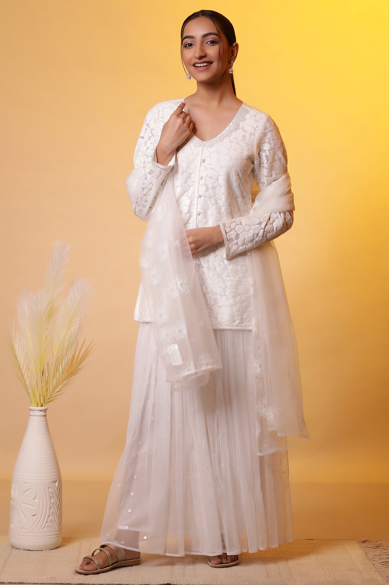 White Floral Short Kurta, Skirt and Dupatta Set