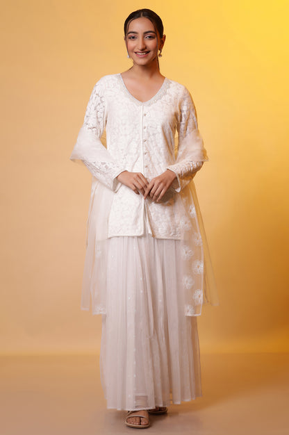 White Floral Short Kurta, Skirt and Dupatta Set