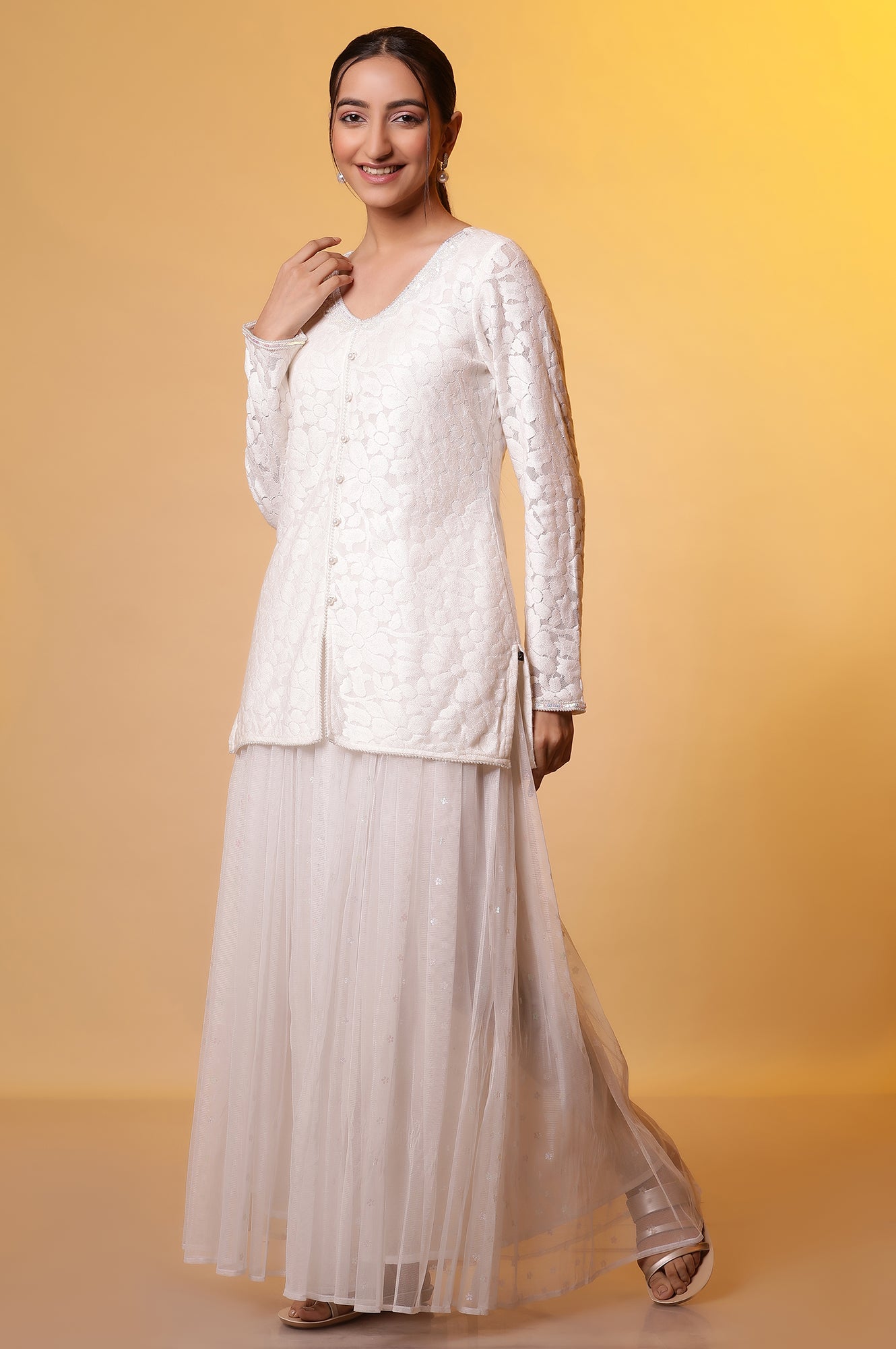 White Floral Short Kurta, Skirt and Dupatta Set