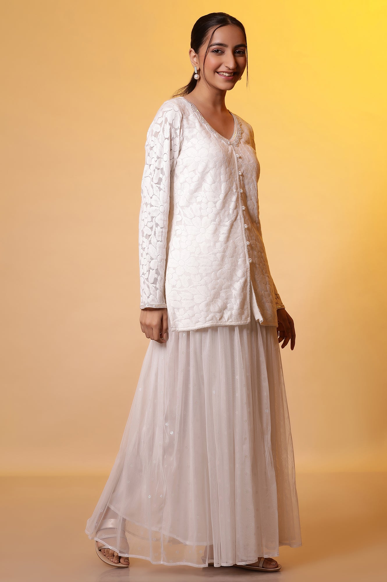 White Floral Short Kurta, Skirt and Dupatta Set