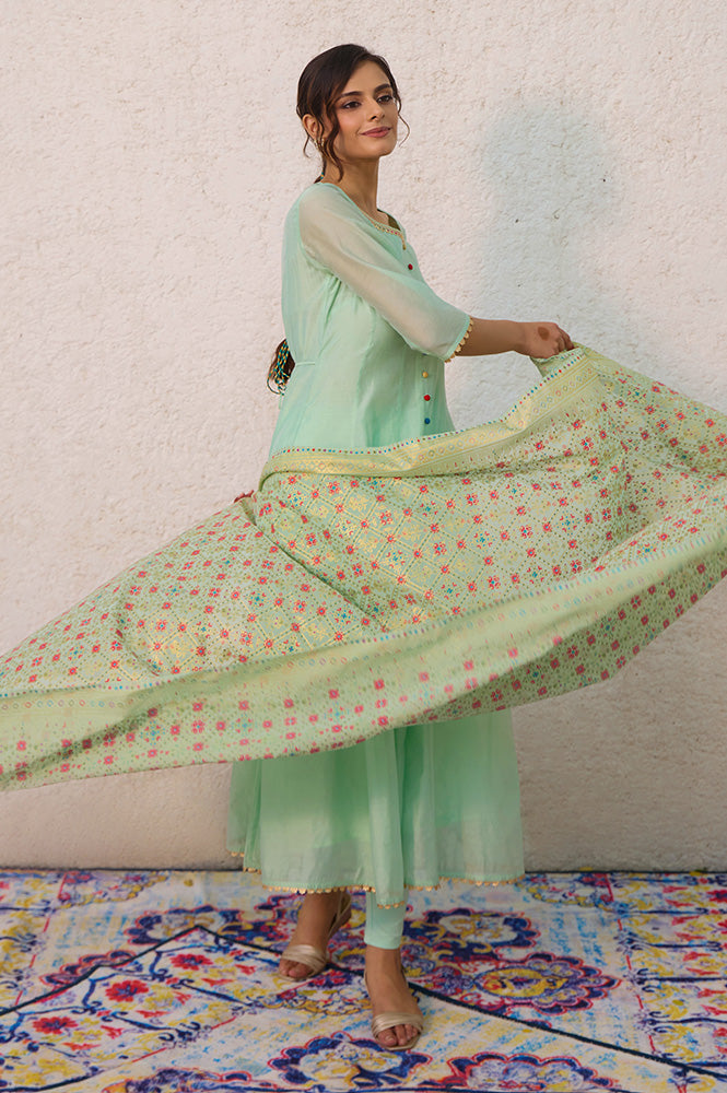 Green Embellished Anarkali Kurta, Tights and Dupatta Set - S