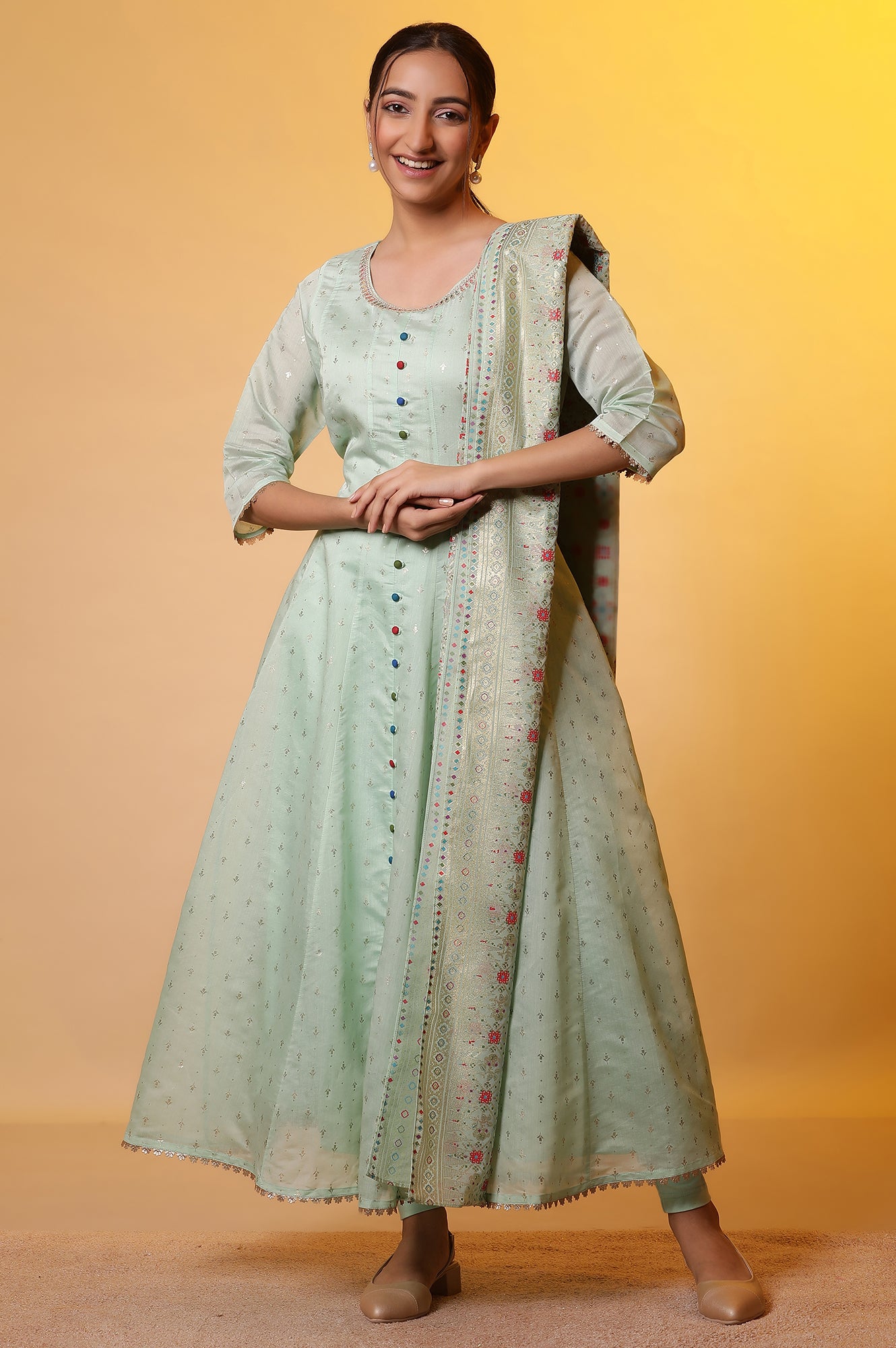 Green Embellished Anarkali Kurta, Tights and Dupatta Set