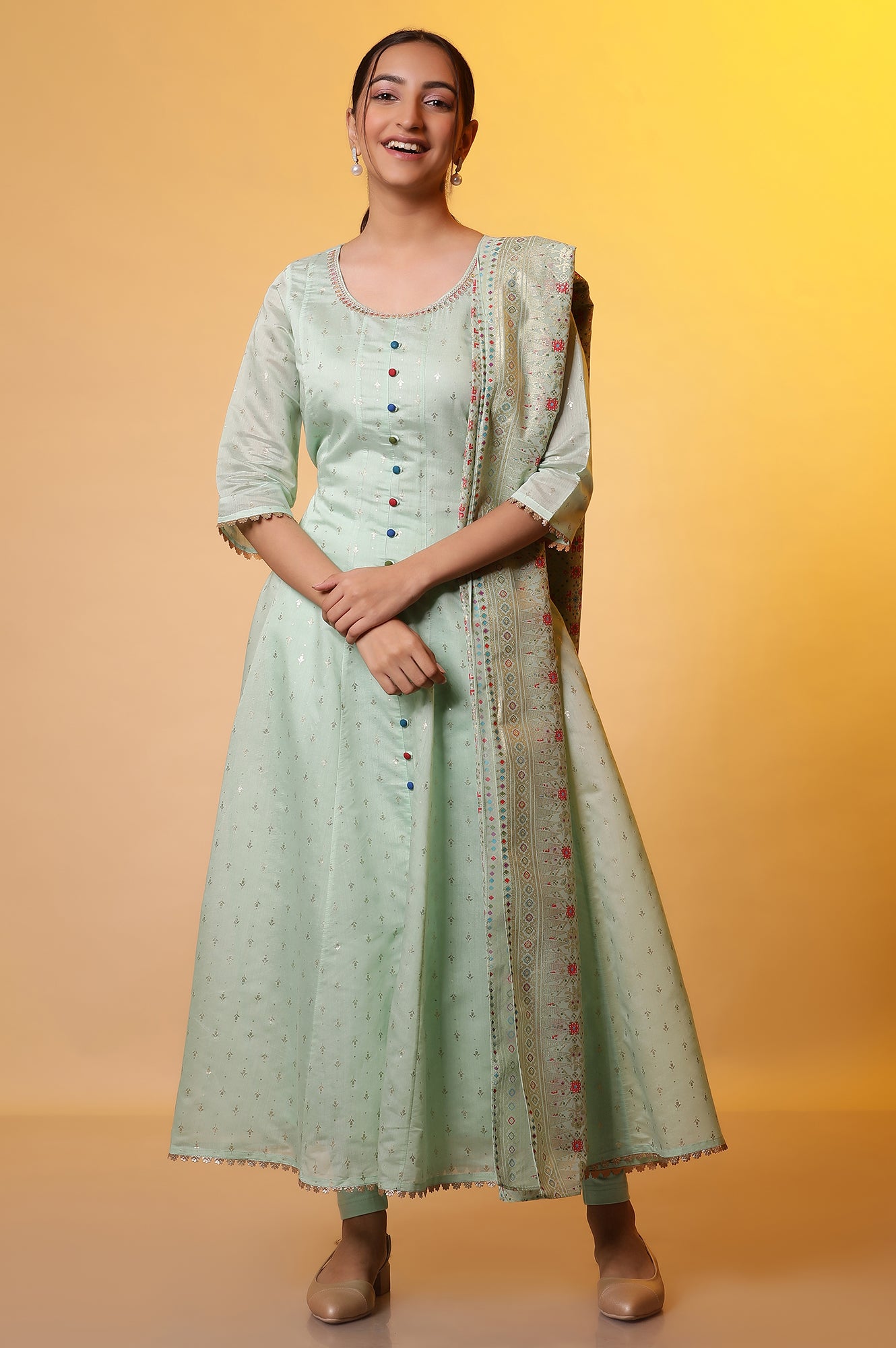 Green Embellished Anarkali Kurta, Tights and Dupatta Set