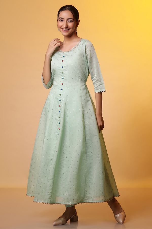 Green Embellished Anarkali Kurta, Tights and Dupatta Set